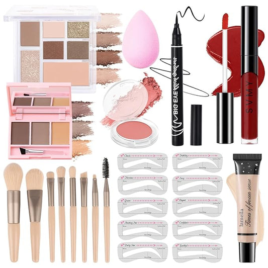 Makeup Kit for Teens Girls, Makeup Present Set for Women, Makeup Full Kit for Beginners, Mini Makeup Bundle Include 7 Nude colors Matte & Shimmer Pigmented Eyeshadow Palette, Eyebrow Powder-Velvo Beauty