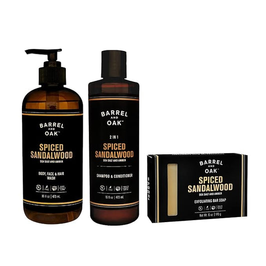 Barrel and Oak - Spiced Sandalwood Body Care Set, Fragrant Sea Salt & Amber Scent, Rich in Essential Oils, Hydrating Formulas, Rich Texture, No Parabens or Phthalates, Certified Organic (3-Pack Set)-Velvo Beauty