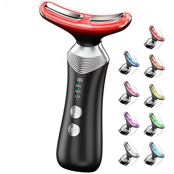 9-in-1 Red-Light-Therapy-for-Face-and-Neck, Portable Facial Massager Tool with Adjustable Vibration & Thermals for Wrinkles, Double Chin, Black-Velvo Beauty