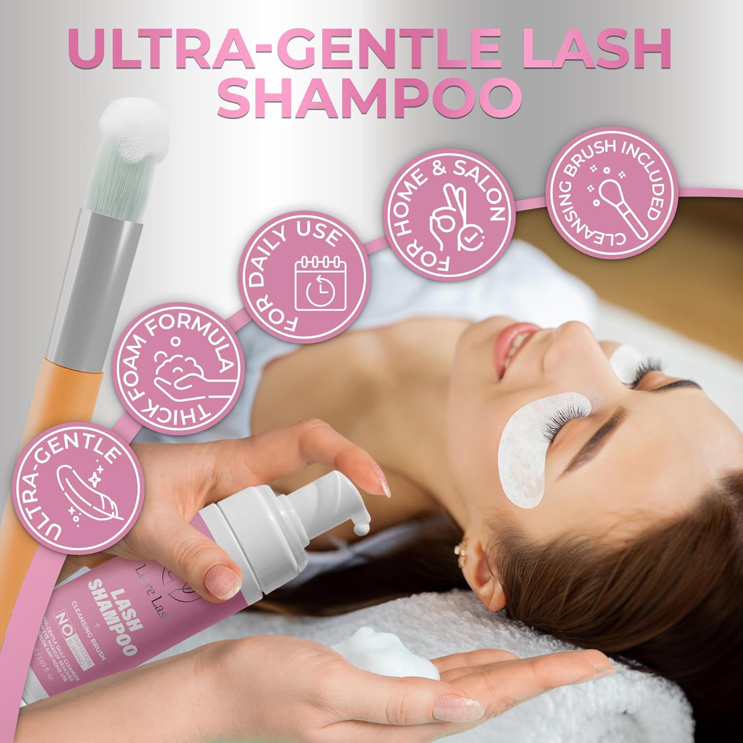 Eyelash Extension Shampoo/ Gentle Foam Cleanser for Lash Extensions & Natural Lashes (Shampoo + Lash Brush)-Velvo Beauty