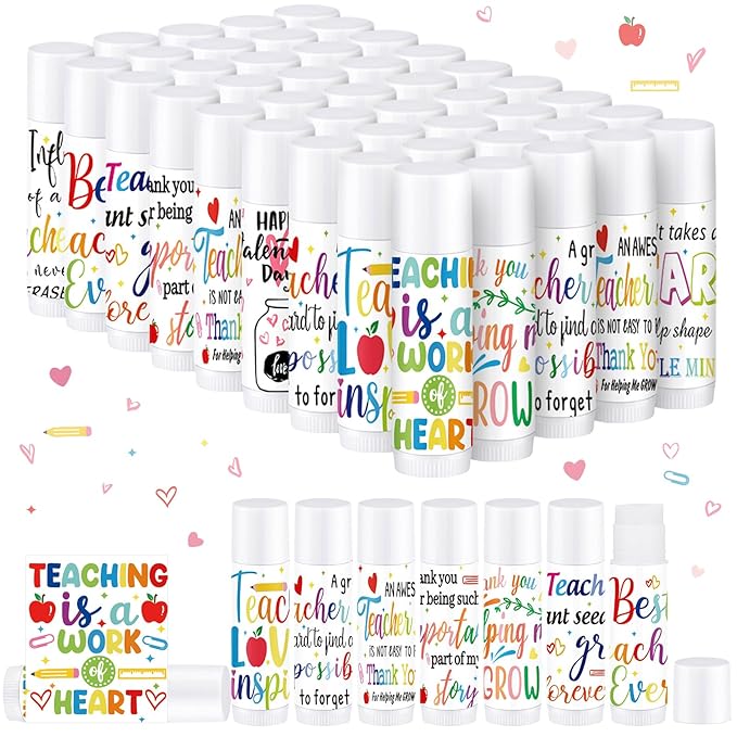 Dunzy 50 Pcs Thank You Gift Lip Balm Bulk Baby Shower Party Favors Bridal Shower Favor Lip Care with Assorted Fruit Flavors Thank You Lipstick for Guest Basket Gift Stuffer (Teacher)-Velvo Beauty
