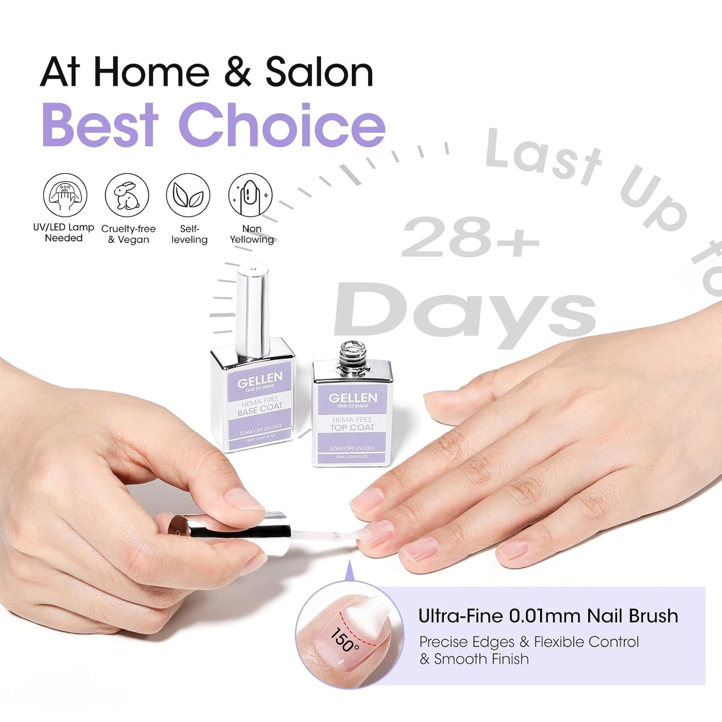 GELLEN 20ml Gel Base and Top Coat, Hema-Free Glossy Top Coat and Base Coat for Gel Nail Polish, No Wipe Soak Off Curing Needed Clear Nail Polish, Easy DIY Manicure Set-Velvo Beauty