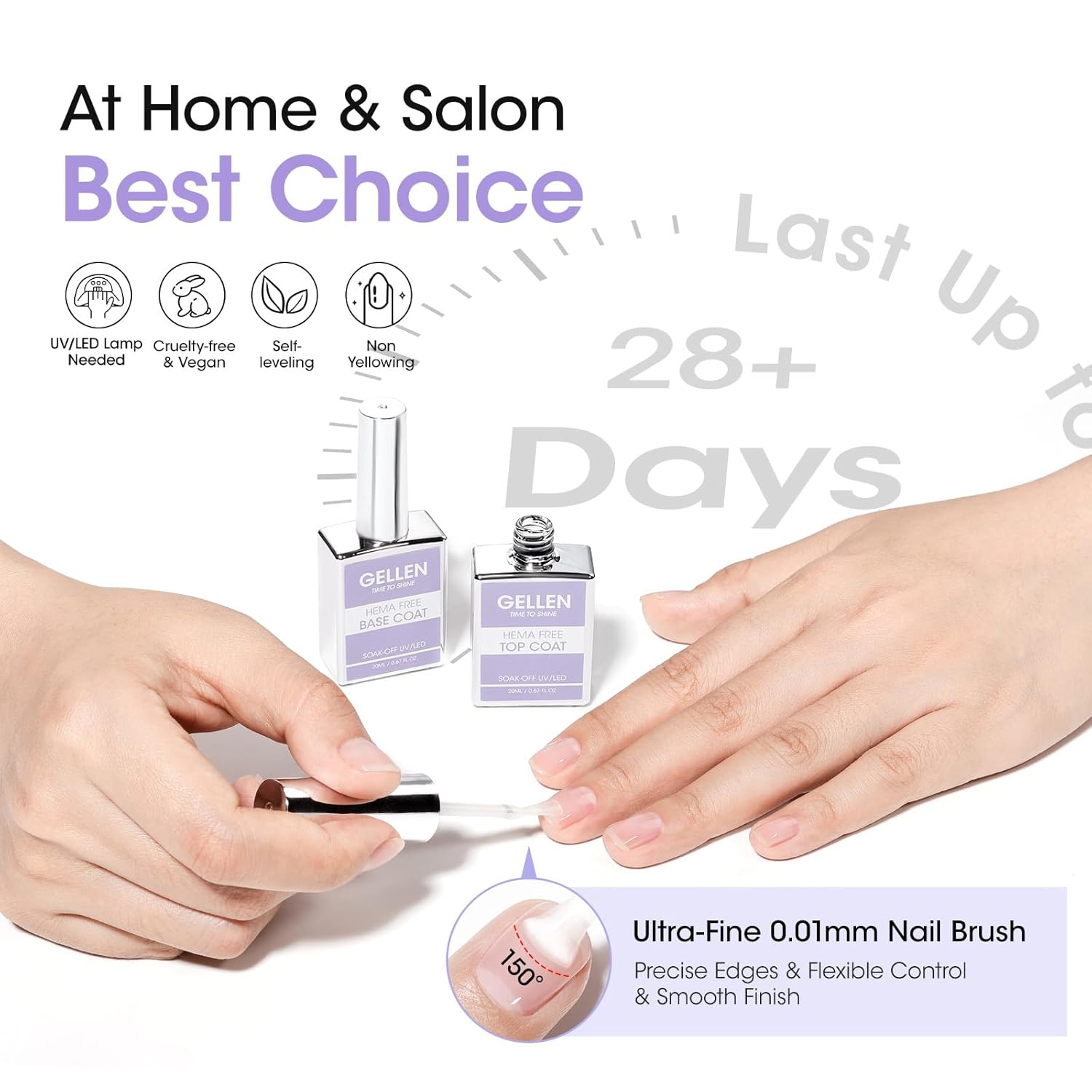 GELLEN 20ml Gel Base and Top Coat, Hema-Free Glossy Top Coat and Base Coat for Gel Nail Polish, No Wipe Soak Off Curing Needed Clear Nail Polish, Easy DIY Manicure Set-Velvo Beauty