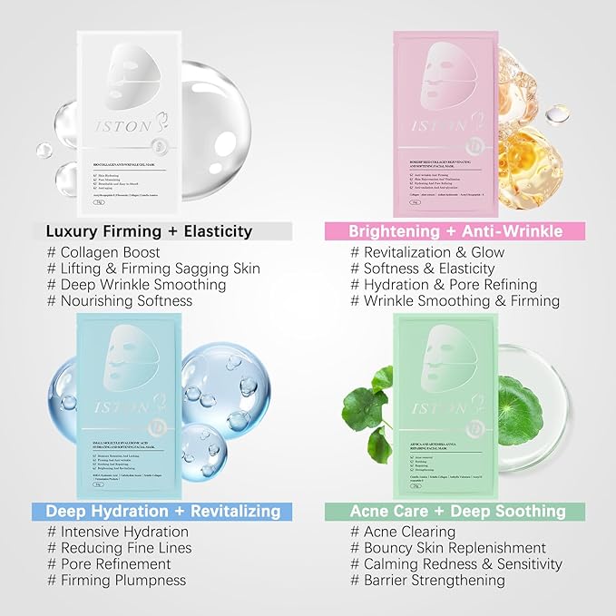 ISTON 4-in-1 Bio-Collagen Real Deep Mask Set -Plump Sagging Skin,Deep Hydration,Soothe & Repair,Nourish & Firm, Overnight Hydrogel Mask for All Skin Type-Velvo Beauty