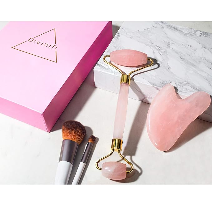 Rose Quartz Face Roller and Gua Sha Set - Face Roller Skin Care - Jade Roller and Gua Sha and Jade Roller for Face Rollers for Women Gifts - Rose Quartz Roller for Face Massage Roller DiviniTi-Velvo Beauty