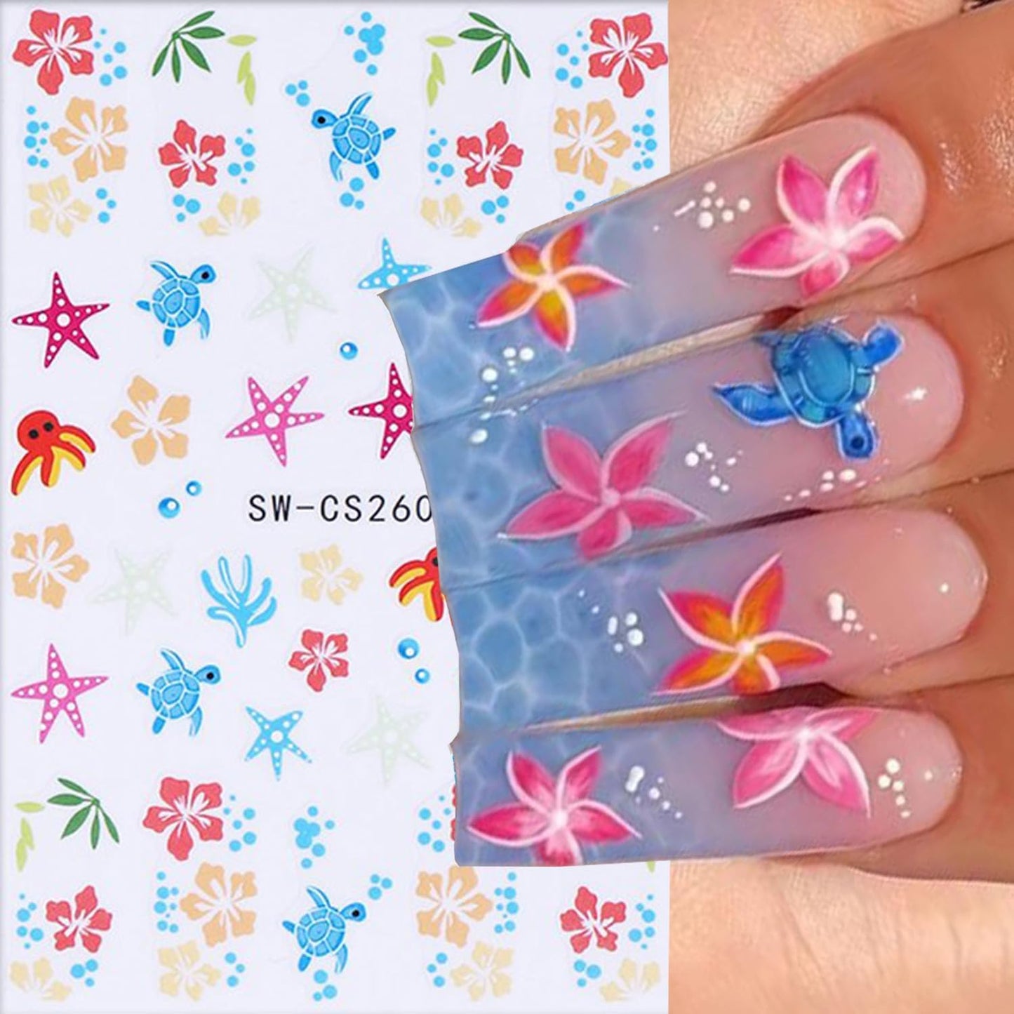 6 Sheets Ocean Style Nail Art Stickers 3D Self -Adhesive Starfish Sea Turtles Nail Decals Holographic Flower Bow Nail Stickers Summer Floral Seahorse Nail Decoration for Women Manicure Supplies-Velvo Beauty