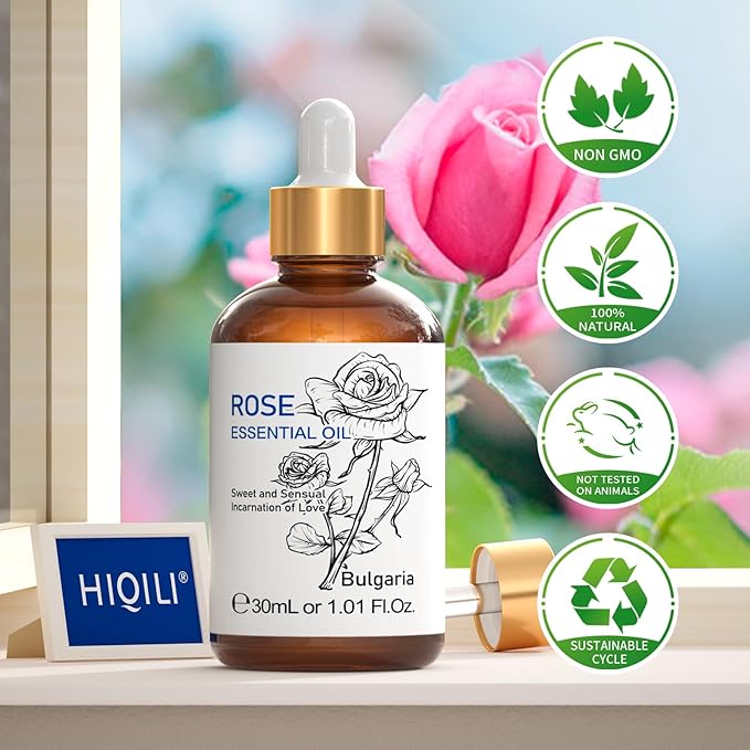 HIQILI Rose Essential Oil 1 Fl Oz, 100% Natural Therapeutic Grade for Aromatherapy, Diffuser, Skin Care, Massage, Includes Premium Quality Glass Dropper-Velvo Beauty