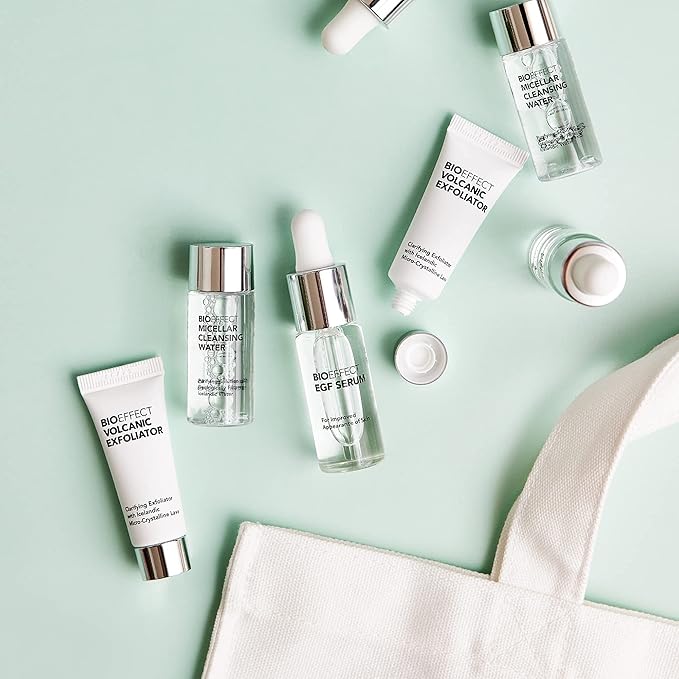 BIOEFFECT EGF Serum Gift Set with mini Volcanic Exfoliator and Micellar Water, Anti-Aging, Hydrating, Wrinkle-Fighting Facial Skin-Care with Growth Factor and Hyaluronic Acid plus Free Tote Bag-Velvo Beauty
