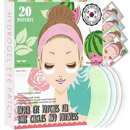 Eye Mask for Puffiness - Under Eye Patches for Dark Circles - Korean Under Eye Mask Patches for Puffy Eyes - Eye Gel Pads Depuffing Eye Brightener, Caffeine, Hydrogel & Collagen (20 Pairs)-Velvo Beauty