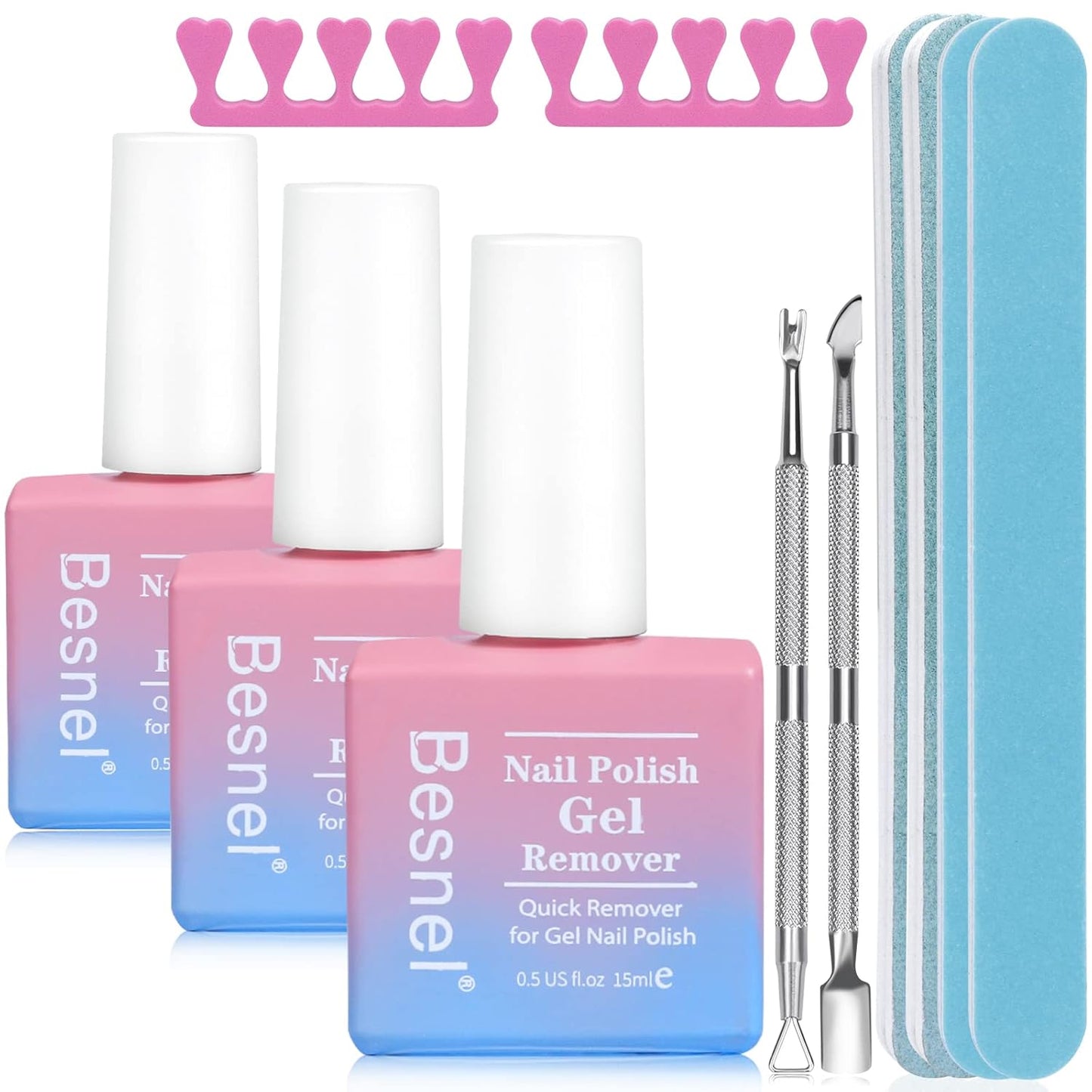 Gel Nail Polish Remover 3 Pack Professional Gel Polish Remover Non-Irritating Quick Easy,Gel Remover Tools Kit Nail File Cuticle Pusher Nail File Grit,No Need For Foil Soaking Or Wrapping-Velvo Beauty