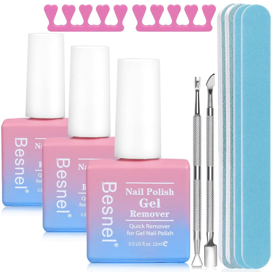Gel Nail Polish Remover 3 Pack Professional Gel Polish Remover Non-Irritating Quick Easy,Gel Remover Tools Kit Nail File Cuticle Pusher Nail File Grit,No Need For Foil Soaking Or Wrapping-Velvo Beauty