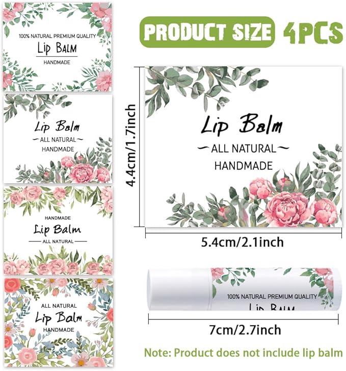 OLYCRAFT 100Pcs 4 Style Lip Balm Label Sticker Flower Pattern Labels Stickers Adhesive Lip Balm Label Sticker Plastic Lipstick Tag Stickers for Lip Balm Container Tubes 1.7x2.1 inch-Velvo Beauty