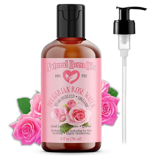 Natural Born Oils 8oz Rose Water Hydrosol, 100% Pure and Natural, Organic, Steam-distilled, Facial Toner Cleanser, with Sprayer, 8-Rose-Water-Velvo Beauty