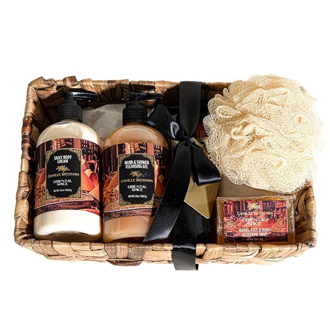 Camille Beckman Oriental Spice Essentials Gift Basket, Glycerine Hand Therapy 6 oz, Silky Body Cream 13 oz, Hand and Shower Cleansing Gel 13 oz, Glycerine Soap 3.5 oz, Bath Body Net, and Gift Basket-Velvo Beauty