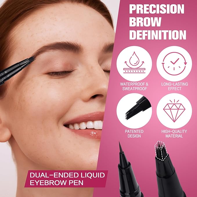 Dual Ended Microblading Eyebrow Pen - 2 in 1 Liquid Eyebrow Pencil with Brow-Fection Angled Brush & Precise Detail Brush-Tip, Shapes & Fills Hair-Like Looking Brows, Lasts All-Day, Brown-Velvo Beauty