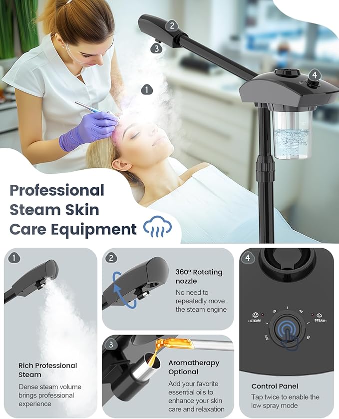 Kingsteam Professional Ozone Nano-Ionic Facial Steamer | Deep Cleansing Hydrating | Salon Home Spa Face Steamer | Pore Cleanser | 60-Min Timer | 360° Swivel | Esthetician Favorite Tool, Black-Velvo Beauty