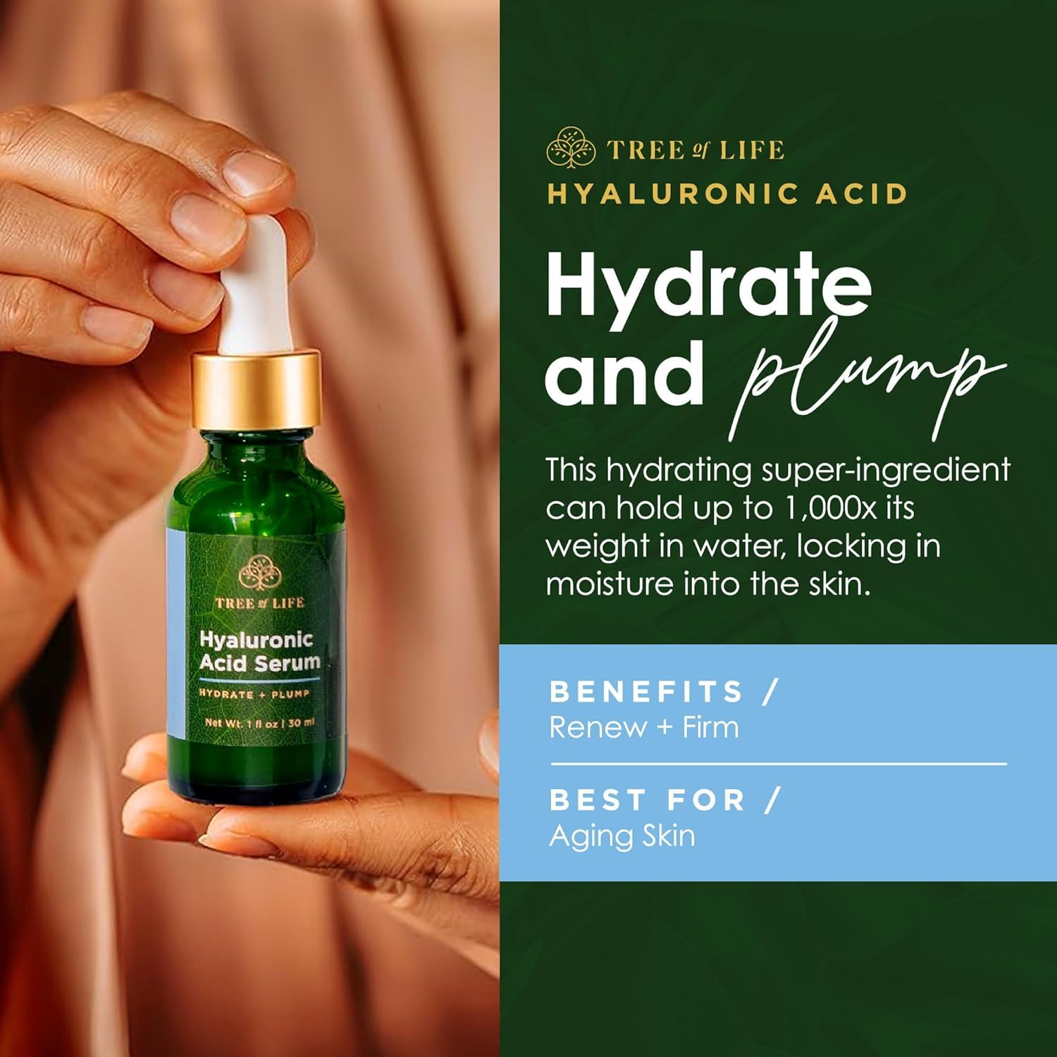 Tree of Life Beauty Hyaluronic Acid Serum, Skin Brightening Face Oil for Dark and Age Spots, Facial Serums for Dry and Sensitive Skin Care with Vitamin E for Soft Smooth Skin, 2 Fl Oz-Velvo Beauty