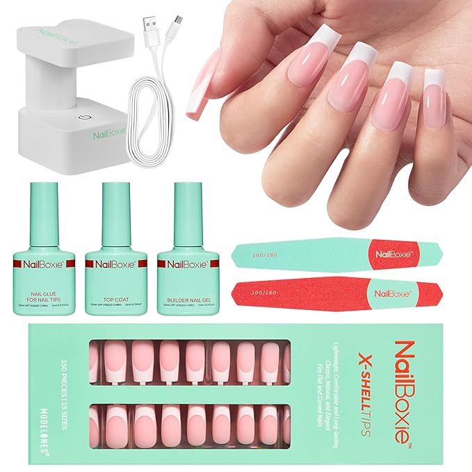 Gel Nail Kit, Top Coat, Nail Builder Gel and Nail Glue for Nail Tips, Press On Nails Kit with LED Light, 150 PCS Long Pink Square, 15 Sizes French Tip Press on Nails-Velvo Beauty