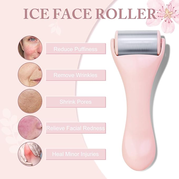 Ice Roller for Face and Eye 2 Pcs,Face Roller Skin Care for Puffiness,Migraine,Pain Relief,Eye Roller For Puffy Eyes Dark Circles,Stainless Steel Facial Roller (Pink)-Velvo Beauty