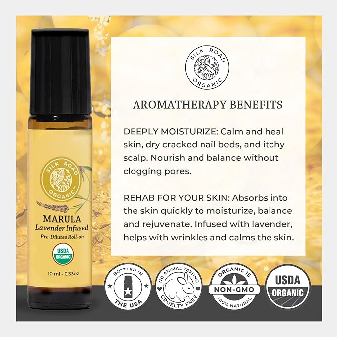 Silk Road Organic Marula Seed & Lavender Essential Oil, 100% Pure USDA Certified Aromatherapy, Deep Hydration for Face, Body, Lips, Hair, Nails - 10 ml Roller by Silk Road Organic-Velvo Beauty