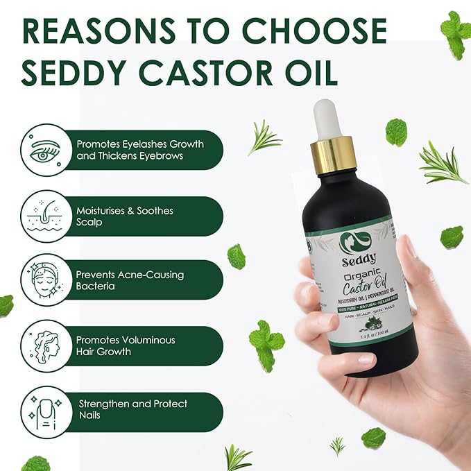 Seddy Organic Castor Oil with Rosemary & Peppermint in Dark Glass Bottle - Cold Pressed | Hexane-Free | Scalp, Hair, Eyelashes, Eyebrows, Skin, & Nails | Hair Treatment Oil - 3.4 Fl. Oz-Velvo Beauty