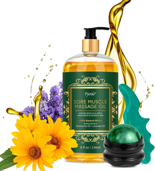 Sore Muscle Massage Oil for Massage Therapy, with Massage Roller Ball & Thumb Saver Massager, Body Massage Oil for Muscle Relaxing, Soothes Joints & Muscles with Arnica, Lavender Oil(8 Fl Oz)-Velvo Beauty