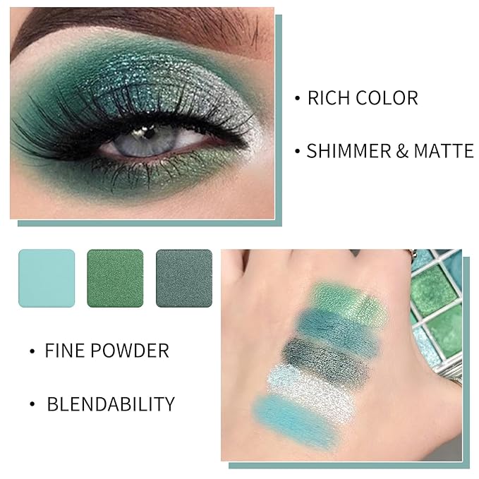 Erinde Matte Shimmer Light Deep Green Eye Shadow Palette Makeup Eyeshadow, Long Lasting Waterproof Cruelty-Free, 9 Blendable Shades Smooth Finishes Powder with Gorgeous Pearls for Girls-Velvo Beauty