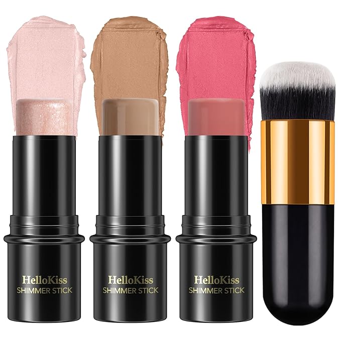 3 Pcs Face Contour Stick Kit, Matte Finish Face Stick Trio with Bronzer Blush Highlighter and Brush, Long Lasting Waterproof Cream Beauty Wand Makeup Set for Sculpt Glowing Face Look (#3, 9, 12)-Velvo Beauty