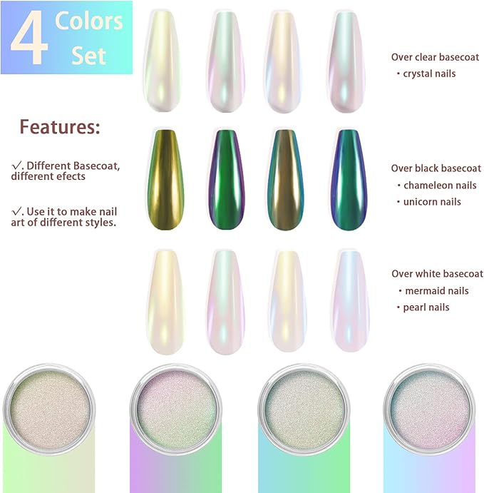 Allstarry White Chrome Nail Powder, 4 PCS Color-Shift Chameleon Mica Powder Aurora Chrome Effect Glitter Dust Iridescent Pearlescent Pearl Pigment for Gel Polish Nail Art Decoration, Resin Craft-Velvo Beauty