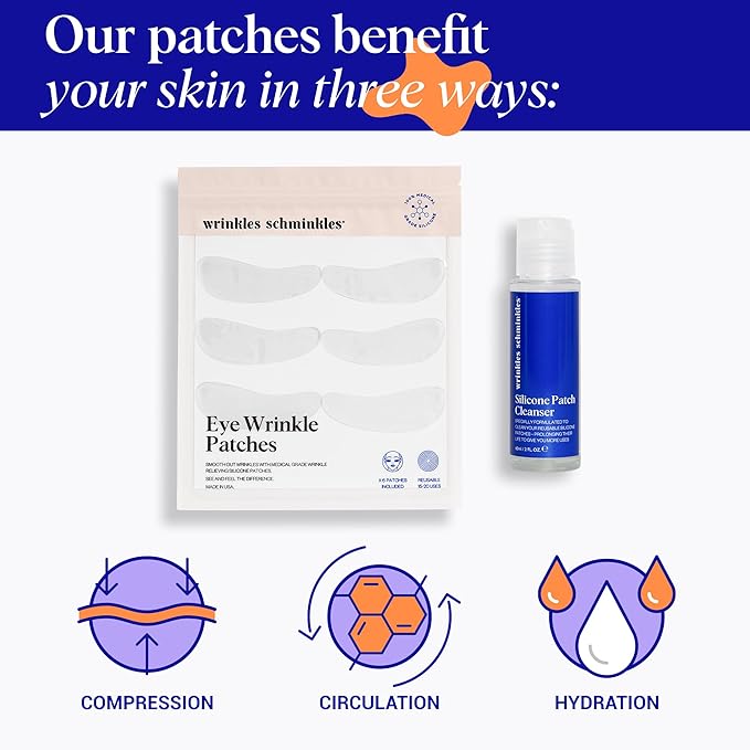 Wrinkles Schminkles Under Eye Wrinkle Starter Pack - Set of Reusable Under Eye Wrinkle Patches (3 pairs) + Silicone Patch Cleanser (2 oz) for Smoother Under Eyes & Fresh Look-Velvo Beauty