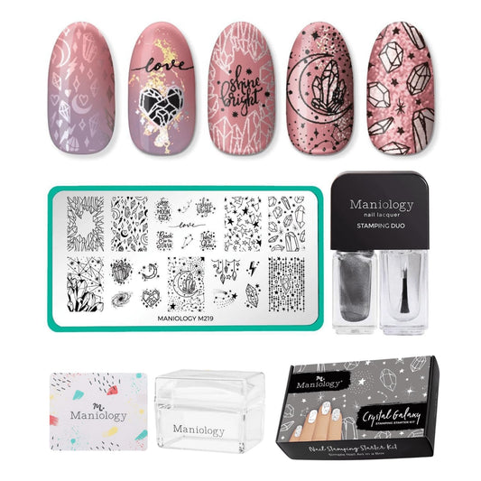 Maniology Crystal Galaxy Nail Stamping Starter Kit | Celestial Nail Art with Crystal-Inspired Galaxy Designs – with Stamping Plate, Polish, Top Coat, Stamper & Scraper-Velvo Beauty