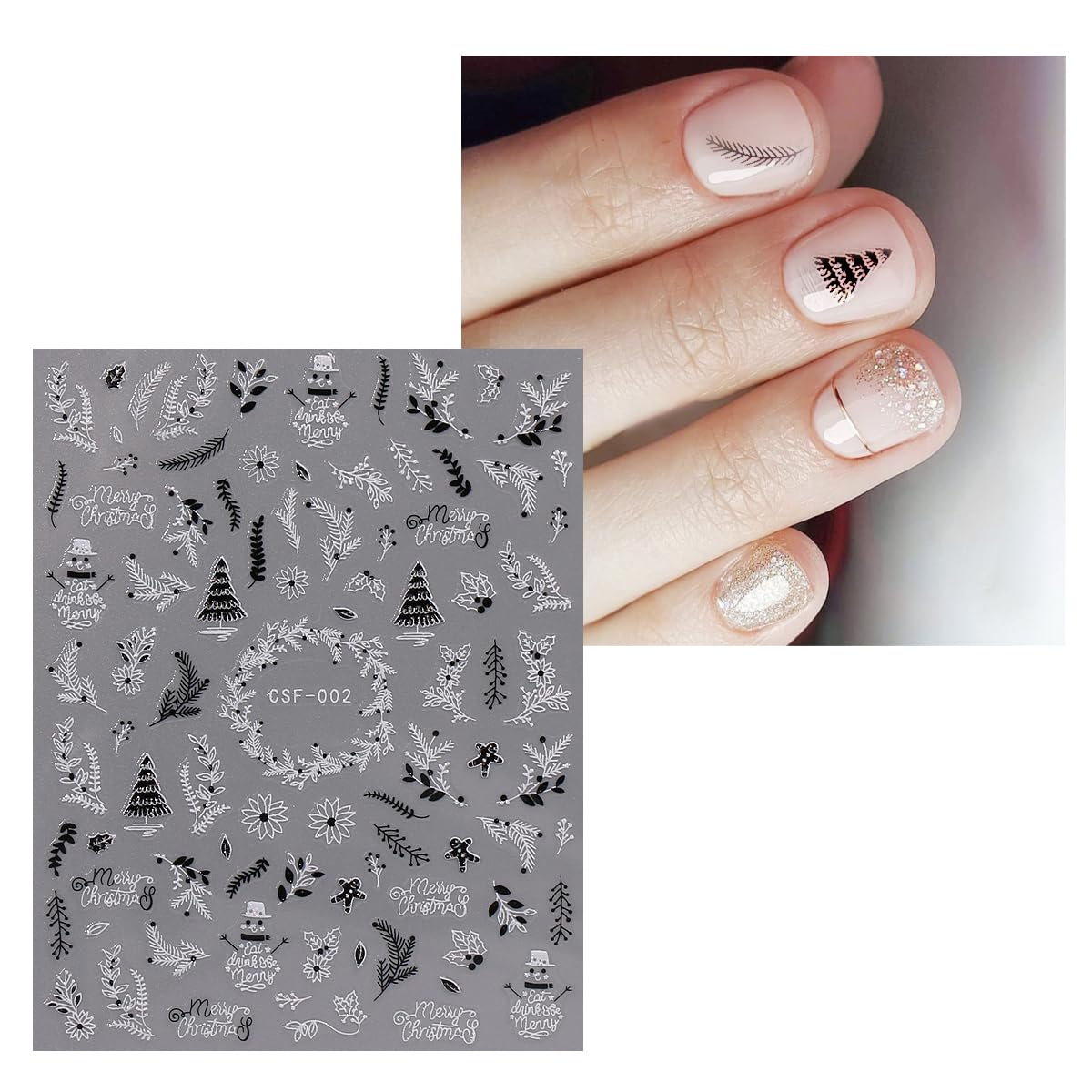JMEOWIO 9 Sheets Christmas Glitter Nail Art Stickers Decals Self-Adhesive White Black Nail Supplies Nail Art Design Decoration Accessories-Velvo Beauty