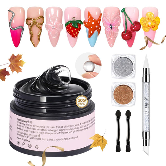 Beetles Solid Builder Nail Gel, 1.06 oz Clear 3D Gel Nail Art Non-Sticky Sculpting Gel, Hard Gel Building Gel with Chrome Nail Powder, Fall Nails Art Sculpture Pen Gift for Women,LED & UV Lamp Needed-Velvo Beauty