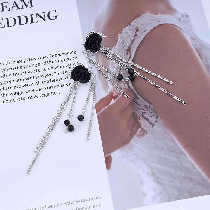 Punk Black Rose Flower Earring Long Rhinestone Chain Drop Earrings Silver Cz Tassel Chain Earrings Black Rose Flower Ear Cuff Earring Jewelry for Women-Velvo Beauty