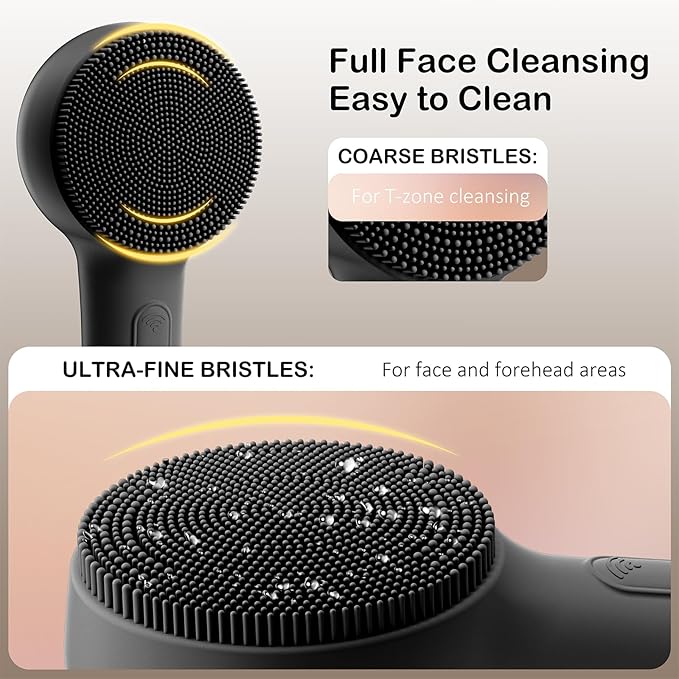 Facial Cleansing Brush Silicone Face Scrubber Waterproof Rechargeable Exfoliator Massage Device for Men & Women, Deep Pore Cleansing, Exfoliating, Removing Blackhead Electric Face Scrub Brush (Black)-Velvo Beauty