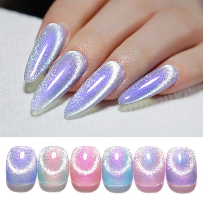 Born Pretty Auroras Cat Magnetic Eye Gel Nail Polish Set Shimmer Glitter with Magnet 9D Holographic Reflective Magnetic Nail Polish Kit Auroras Mermaid Green Blue Purple Pink Purple 6 Colors-Velvo Beauty