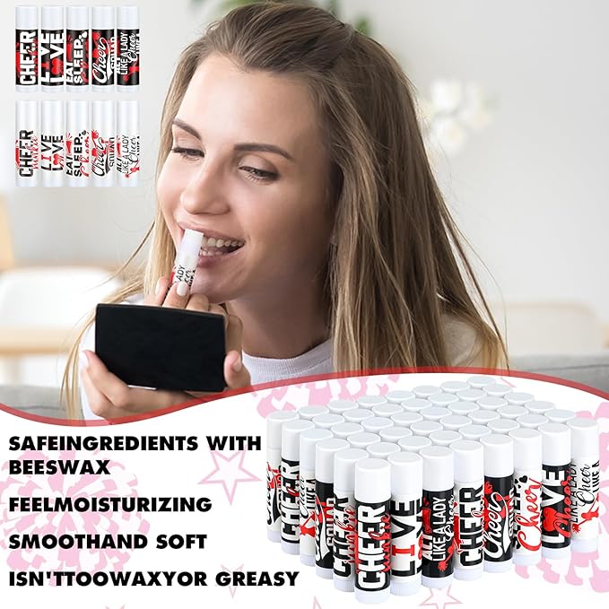 50 Sets Cheer Gifts Bulk 50 Cheer Lip Balm Bulk Moisturizing with 50 Organza Drawstring Gift Bags 50 Tags Cheerleader Gifts Cheer Gifts Bulk for Team (Red)-Velvo Beauty