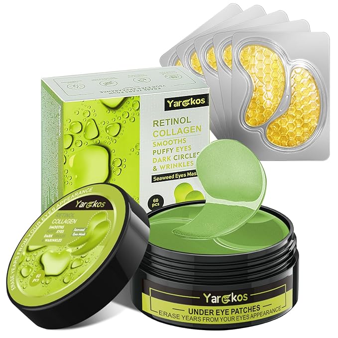 60 Pcs Green Under Eye Patches with 5 Pieces Travel 24K Gold Eye Mask, 30 Pairs Undereye Mask for Dark Circles Puffy Eye Treatment, Collagen Gel Pads Hydrating for Eye Bag Puffiness Wrinkle-Velvo Beauty