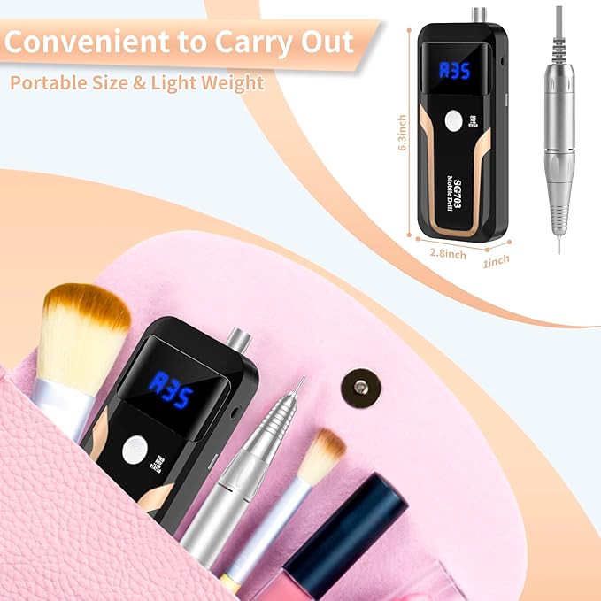 Portable Nail Drill Professional 35000 RPM, MOCOWIND Rechargeable Electric Nail File Machine for Acrylic Nails Gel Polishing Removing, Cordless E-File with Bits Kit for Manicure Salon Home, Black-Velvo Beauty