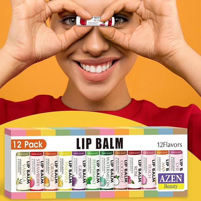 AZEN 12 Pack Lip Balm, Natural Lip Balm Bulk, Lip Care Product, Moisturizing Lip Balm for dry cracked lips - 12 Flavors-Velvo Beauty