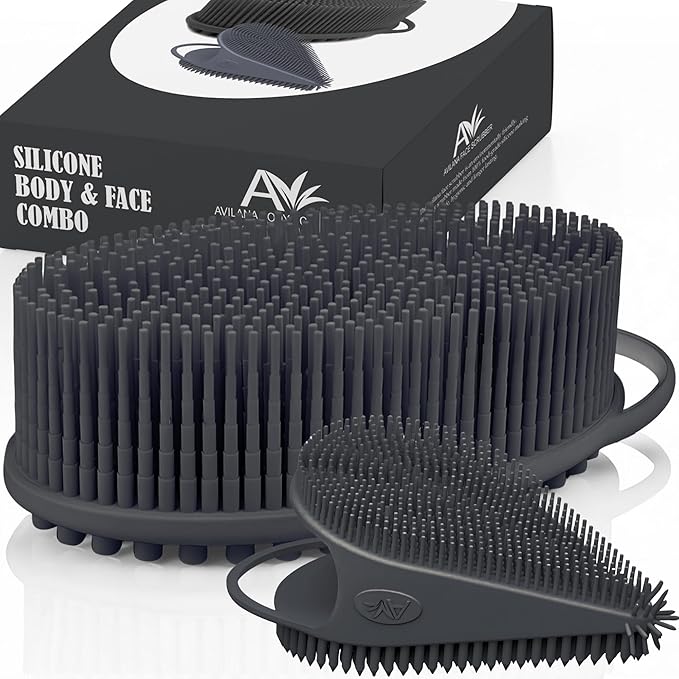 Avilana Silicone Body Scrubber – Gentle Shower Brush & Loofah Alternative- Food Grade & Lab Tested – Fast-Drying, Hygienic, BPA-Free Silicone Body Gentle Exfoliator (Dark Gray, Body & Face)-Velvo Beauty