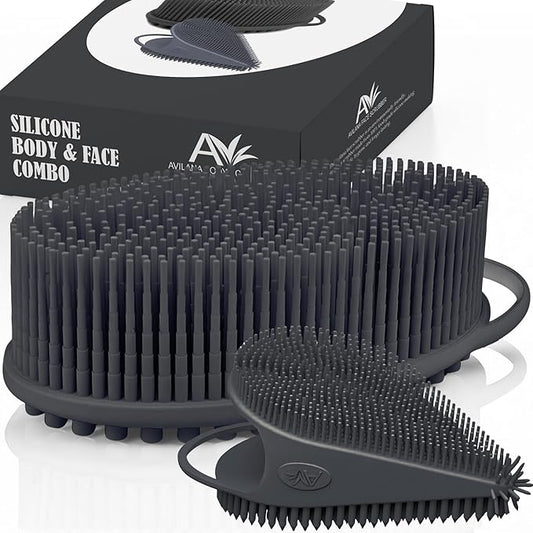 Avilana Silicone Body Scrubber – Gentle Shower Brush & Loofah Alternative- Food Grade & Lab Tested – Fast-Drying, Hygienic, BPA-Free Silicone Body Gentle Exfoliator (Dark Gray, Body & Face)-Velvo Beauty