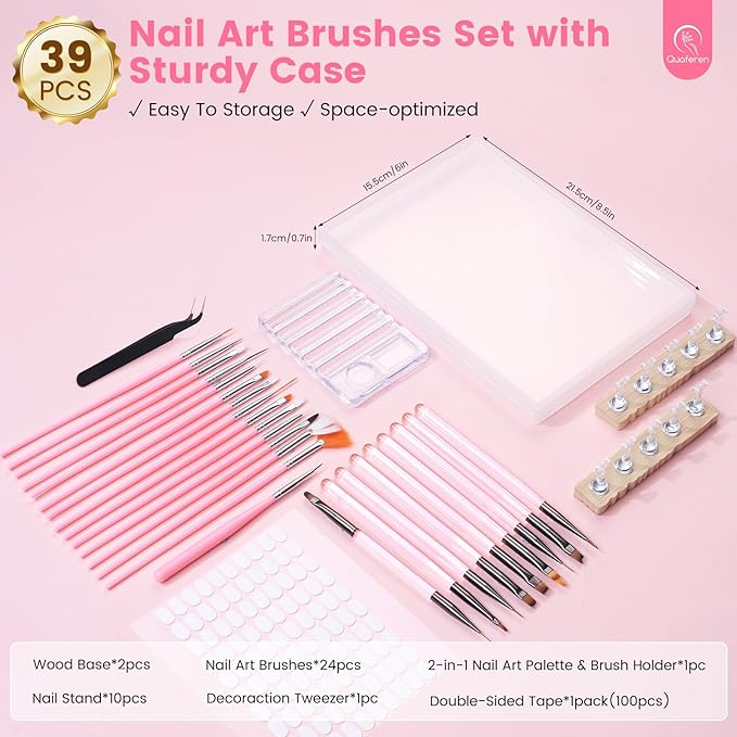 Quaferen Nail Brushes for Nail Art 39PCS Nail Brush Tools Set with Nail Stand Holder 2-in-1 Nail Art Palette Professional Acrylic Nail Brushes Kit for Beginners Home Salon-Velvo Beauty