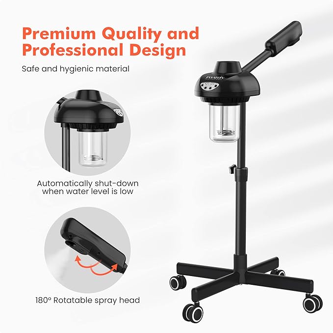 TASALON Steamer on Wheels for Professional Skin Rejuvenation, Facial Steamer Kit for Home, Spa, Clinic - Warm Mist, Ozone Face Humidifier - Pore Opener and Cleanser-Black-Velvo Beauty