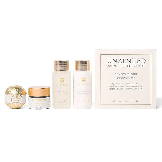 Zents Unscented 4-pc Mini Set, Moisturizing Body Care for Sensitive Skin, Gentle Enough for Eczema & Psoriasis, With Probiotic Lotion, Body Oil, Reparative Balm, and Truffle Bath Bomb-Velvo Beauty