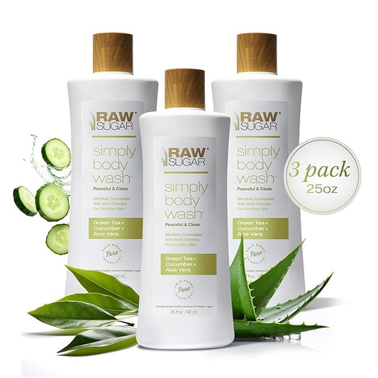 RAW SUGAR Sensitive Skin Simply Body Wash - Green Tea + Cucumber + Aloe Vera, Moisturizing & Brightening Bath & Shower Gel, Sulfate-Free, Paraben-Free & Vegan (Pack of 3)-Velvo Beauty