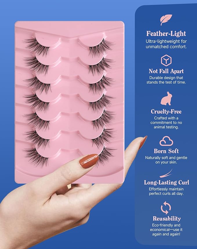 Half Lashes Natural Eyelashes 3/4 Wispy Lashes Natural Look Cat Eyelash False Corner Lash Long Strip Fluffy Pack 7 Pairs 16MM D18-Velvo Beauty