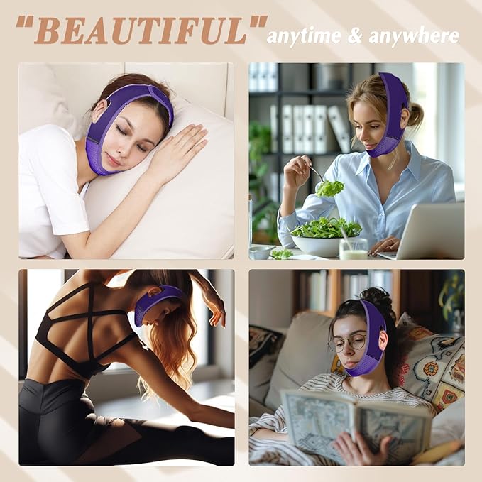 Reusable V Line Lifting Mask with Chin Strap, V Shaped Face Mask for Sagging, Jaw Exerciser (Dark Purple)-Velvo Beauty