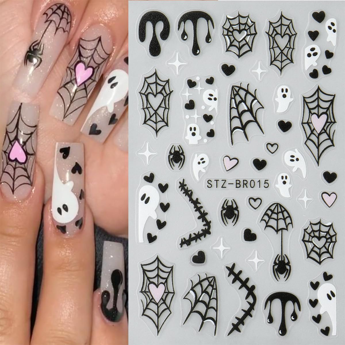 6Pcs Halloween Nail Stickers for Nail Art, Bat Spiders Nail Art Stickers Spider Web Black Rose Skull Ghost Nails Design Decals Halloween Nail Supplies for Women DIY Manicure Decoration Accessories-Velvo Beauty