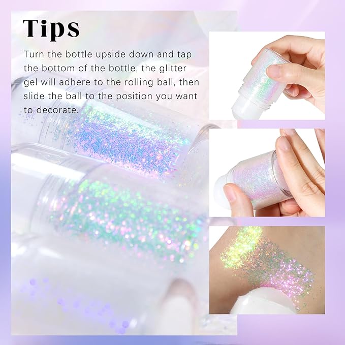 2 Colors Roll-on Body Glitter Gel, Holographic Glitter Gel Under Light for Face Hair, Body Shimmer for Rave Accessories Christmas New Year Halloween Makeup (9+10)-Velvo Beauty